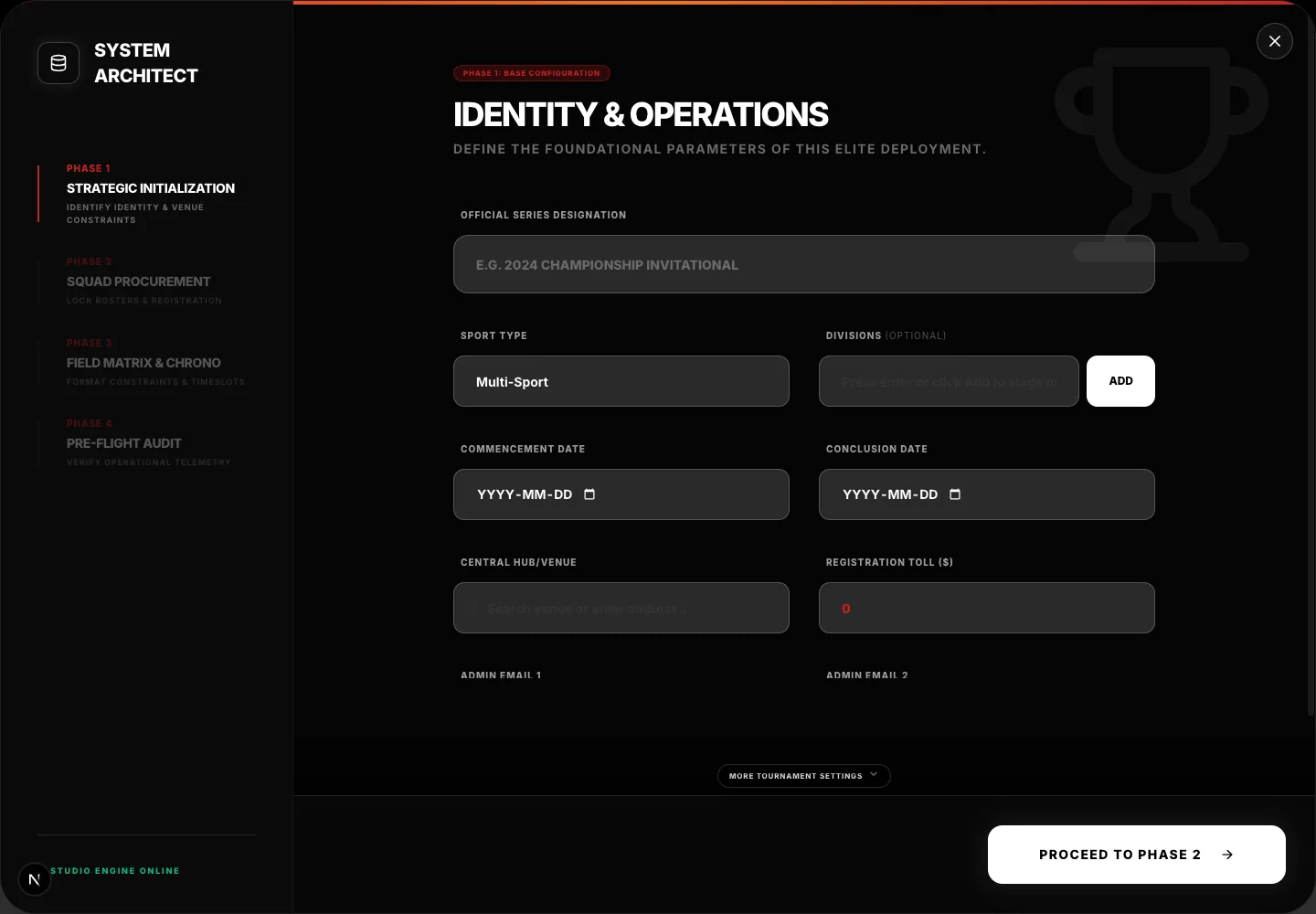 The tournament builder shows the four phases on its left.