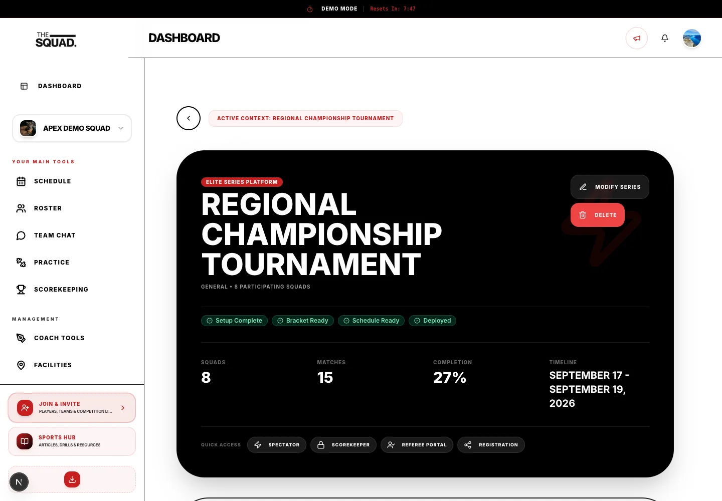 The tournament hub opens after the series has been created.