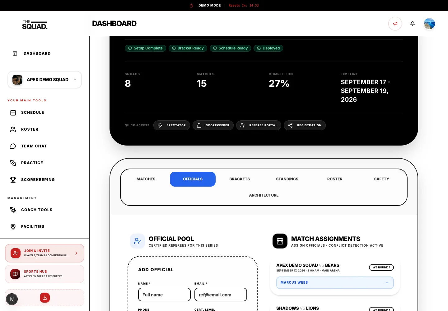 Officials lists matches and assignment controls.