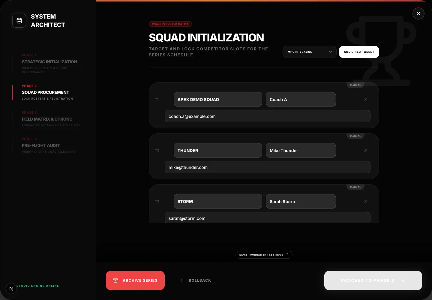 Phase 2 manages the participating squad matrix.