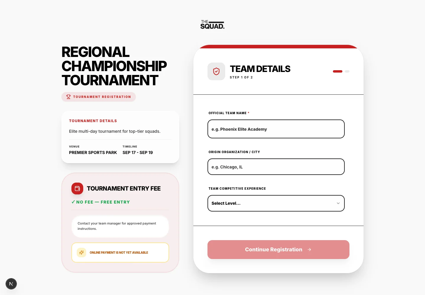 The public tournament registration page.