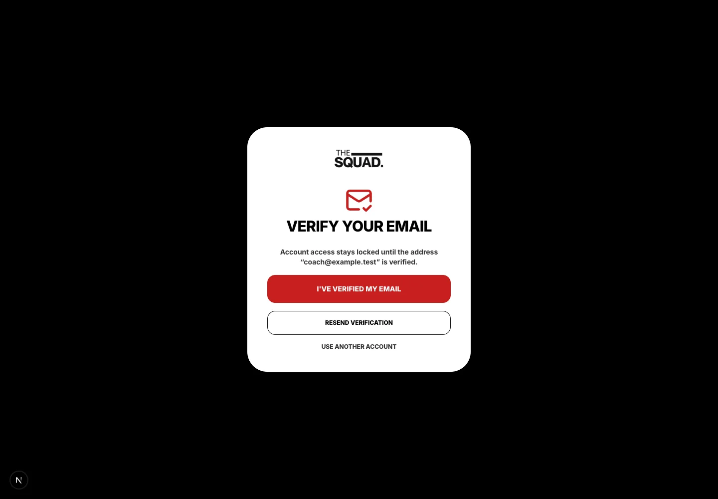 The email verification screen and its resend and continuation controls.
