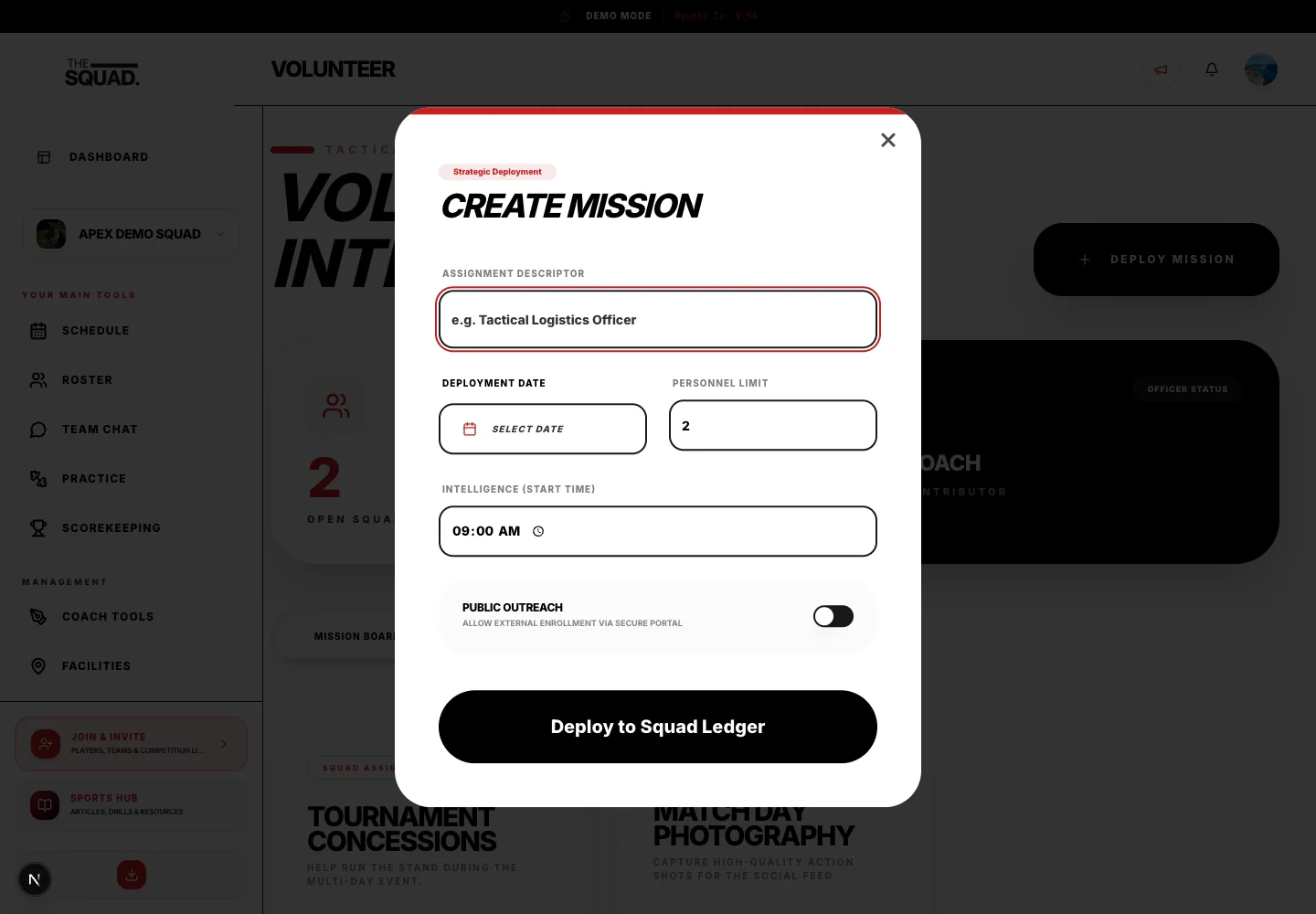 Create Mission captures the volunteer role, date and capacity.