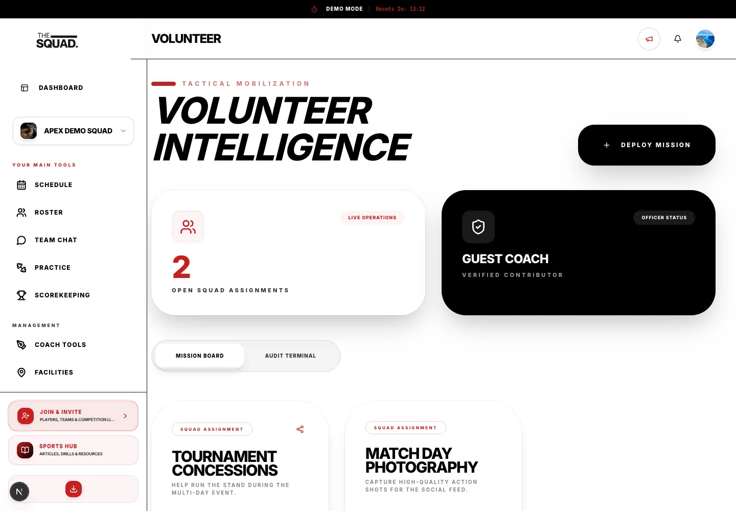 Mission Board shows available volunteer opportunities.