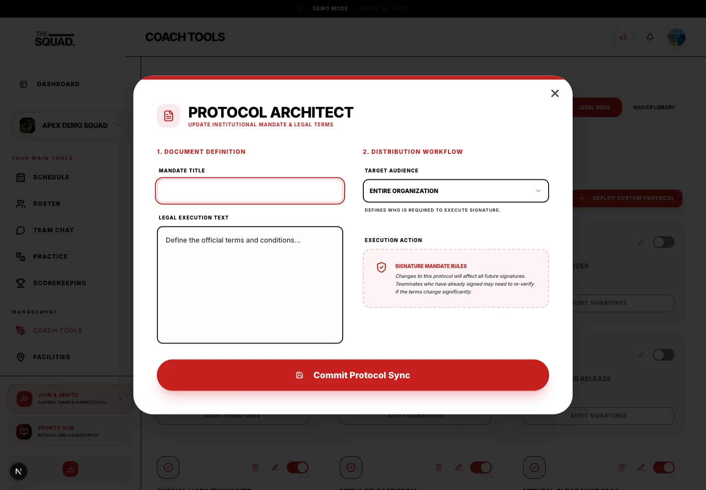 The custom protocol form contains title and document text.