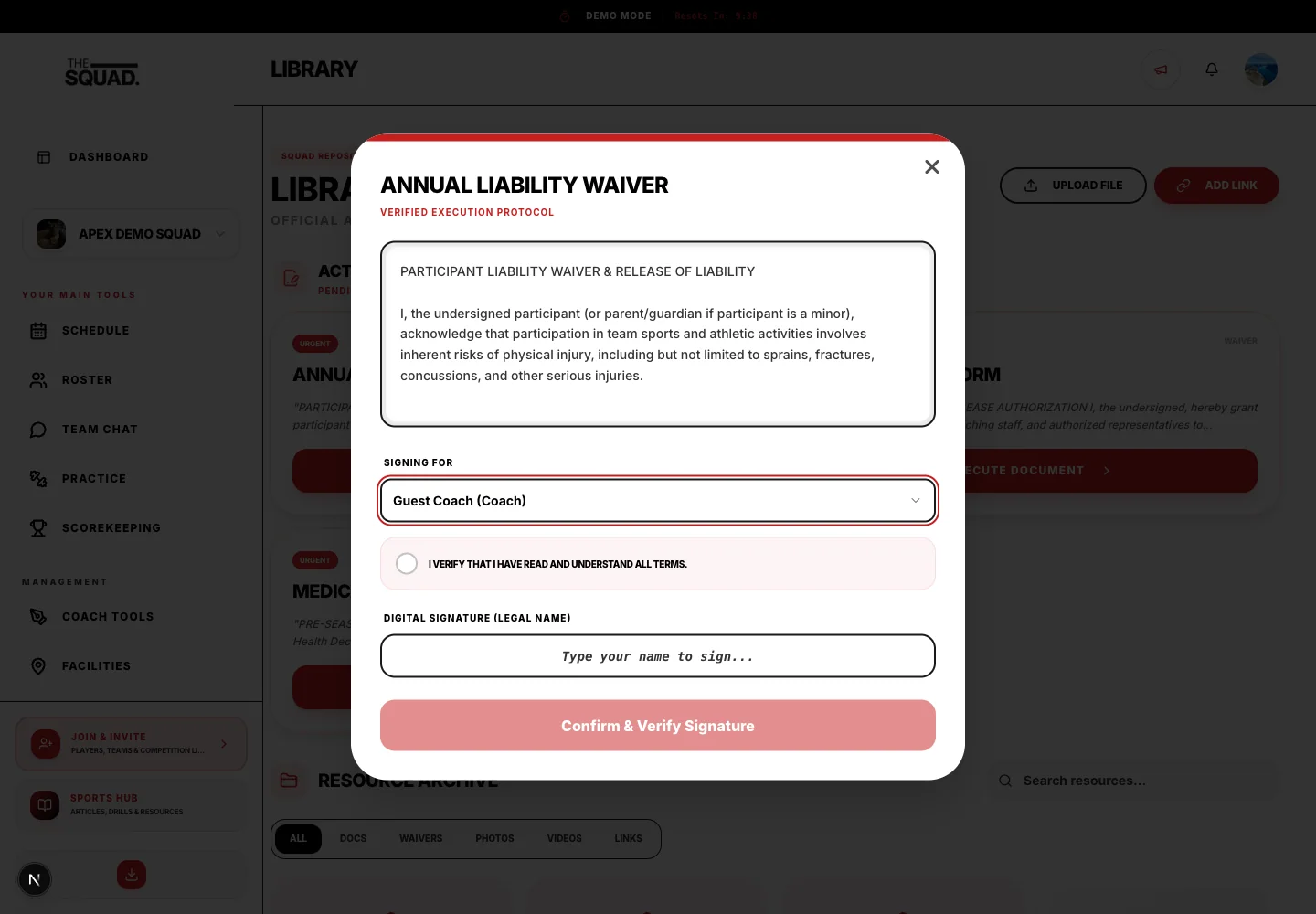 The signing dialog includes document text, member selection and acknowledgement.