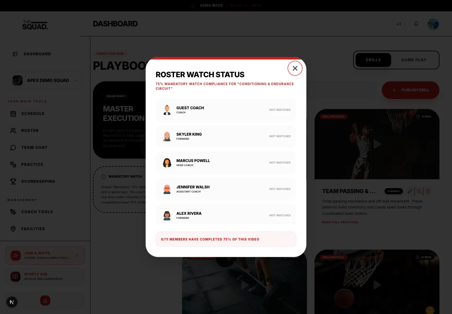 Roster Watch Status lists progress for the selected required entry.