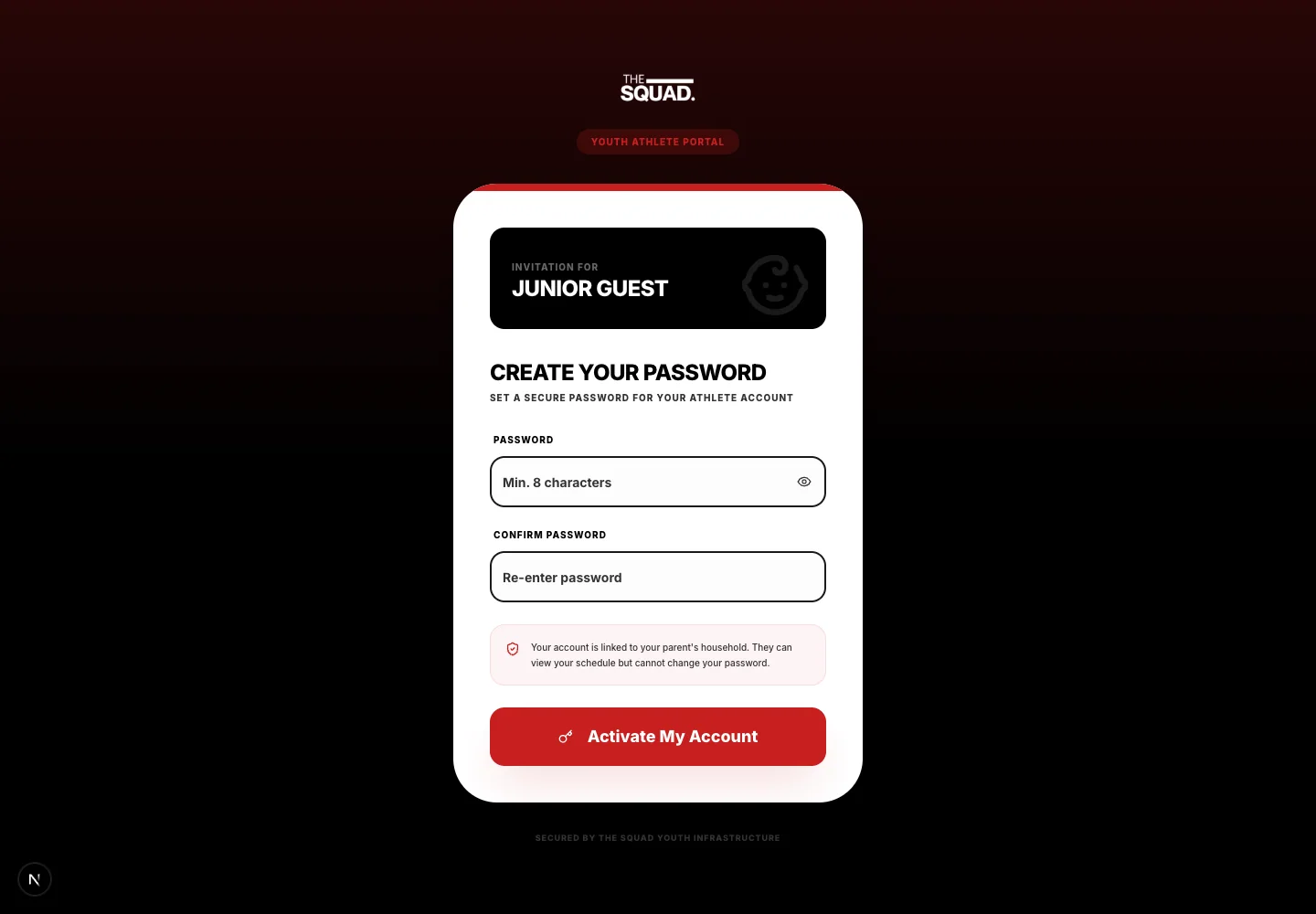 The youth account activation page opened from a valid sample invitation.