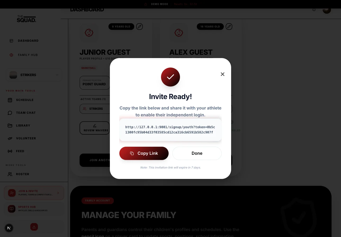 Invite Ready provides the youth activation link.
