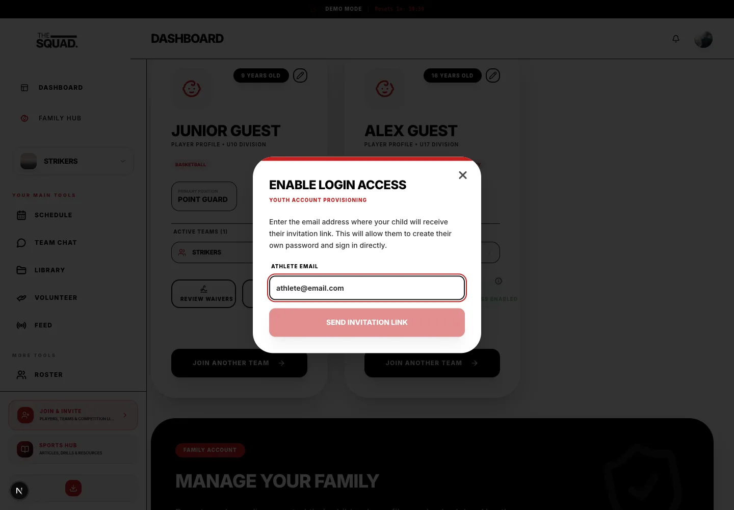 The athlete login dialog explains eligibility and the invitation process.